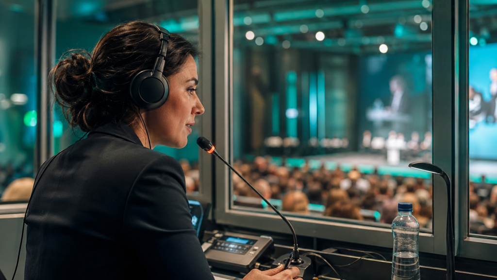 Intérprete em cabine realizando tradução simultânea em uma conferência