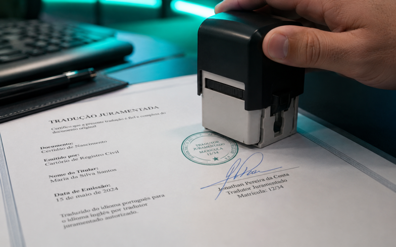 Documento com carimbo e assinatura de tradutor juramentado